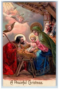 Christmas Postcard Religious Angels Cherubs Gel Gold Gilt Embossed c1910's