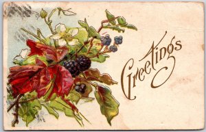 1912 Greetings Bouquet Wishes Card Leaves Flowers Posted Postcard