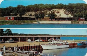 Postcard 1962 Michigan Manistee Moonlight Motel autos boat waterfront MI24-2170