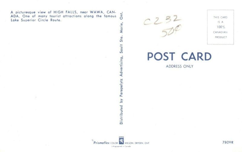 Wawa Canada High Falls Lake Superior Circle Route Postcard 