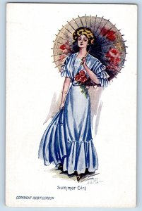 P. Gordon Signed Postcard Pretty Woman Summer Girl With Floral Umbrella c1910's