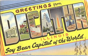 1945 Greetings From DECATUR Illinois Vintage LARGE Letter Standard View Card