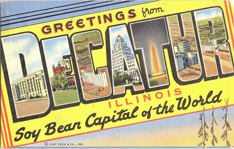 1945 Greetings From DECATUR Illinois Vintage LARGE Letter Standard View Card 