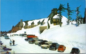 Postcard OR Mt. Hood - Timerline Lodge Oregon - exterior view snow and cars