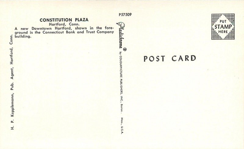 Hartford Connecticut~Constitution Plaza~1950s Red Car~Postcard