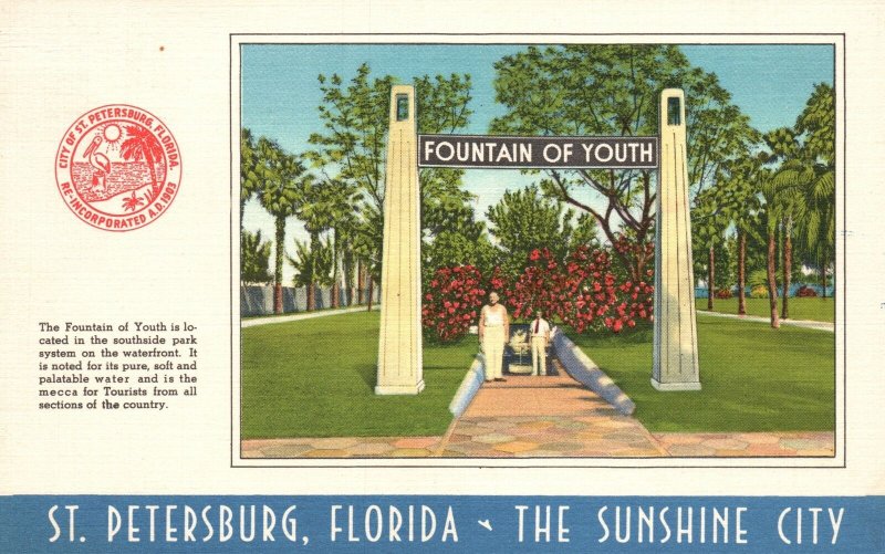 Vintage Postcard 1947 Fountain Of Youth The Sunshine City St. Petersburg Florida
