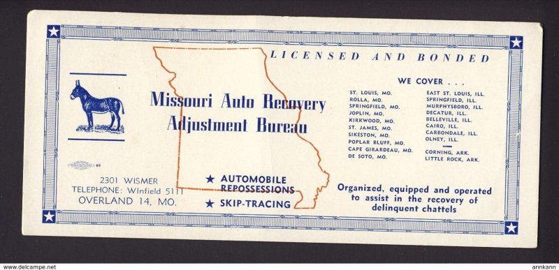 Missouri MO. USA - Missouri delinquent chattels, donkey map named towns BLOTTER