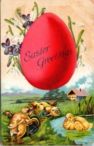 Easter Postcard Chicks Playing at Pond Red Colored Egg Flowers