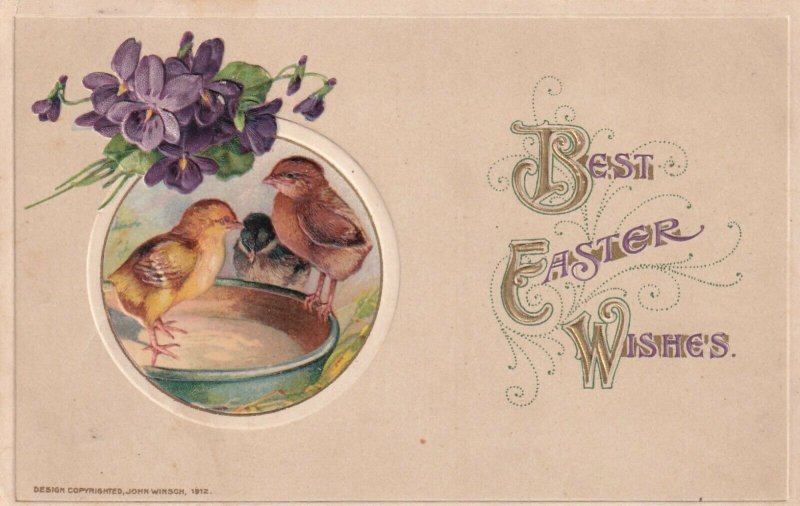 EASTER, 1900-10s; Best Wishes, Chicks in water dish, Violet Flowers