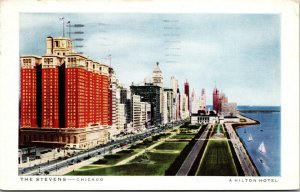 Vtg 1940s The Stevens Hilton Hotel Michigan Avenue Chicago Illinois IL Postcard