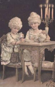 LP01 Children drinking coffee purse candles postcard