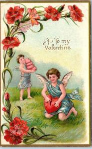 FANTASY  VALENTINE   1909   Postcard  Cupids  with  HEARTS