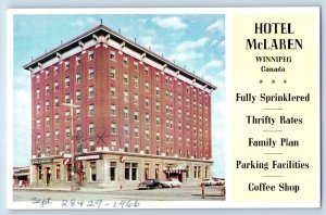 Winnipeg Canada Postcard Hotel McLaren Building Street View Cars c1950's Vintage