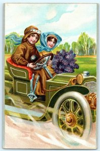 1910s Embossed Children Riding Auto Carriage Automobile Early Car Antique Art A6