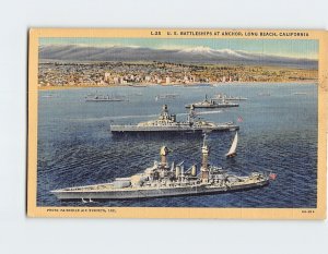 Postcard U. S. Battleships At Anchor, Long Beach, California