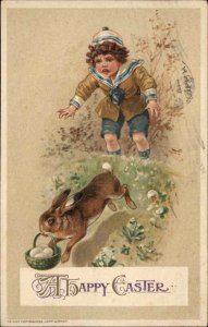 Winsch Easter Little Boy Chases Rabbit c1910 Vintage Postcard