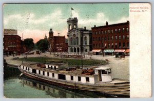 Erie Canal, Hanover Square, Tugboat, Syracuse New York, Antique 1907 Postcard
