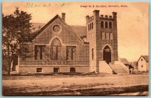 First Methodist Episcopal Church Detroit Minnesota MN 1910 Sepia DB Postcard J10