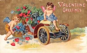 cupids delivering flowers valentines greeting L4808 antique postcard