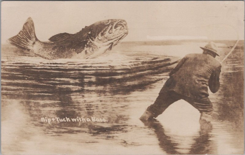 RPPC Exaggeration Postcard Fishing Nip + Tuck With a Bass