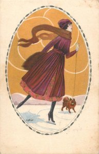 Italian artist postcard art deco lovely lady with dog pet ice skating 1920s