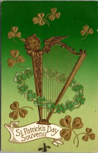 Vintage 1913 St Patrick Day Souvenir Gold Harp Cherub Clover Green Old Postcard