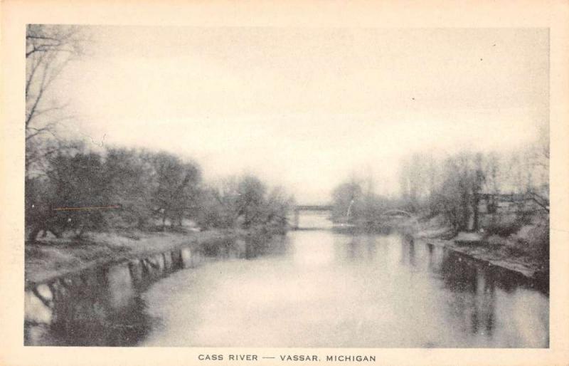 Vassar Michigan birds eye view Cass River and bridge antique pc Z40231