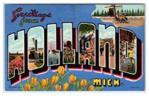 Large Letter Linen HOLLAND, MI Michigan TULIPS  c1940s Curt Teich Postcard