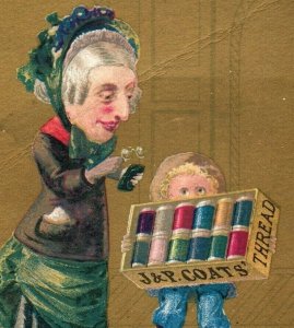 1880s J&P Coats Spool Cotton Old Lady & Child Street Scene Spool Box P220
