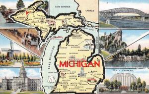 Michigan,      MAP CARD-CITIES-LAKES-LANDMARKS       c1940's Linen Postcard