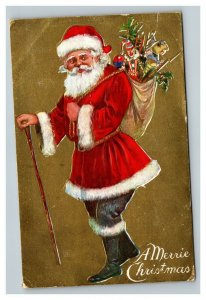 Vintage 1910's Christmas Postcard Santa Claus Carries Bag of Toys Gold Face