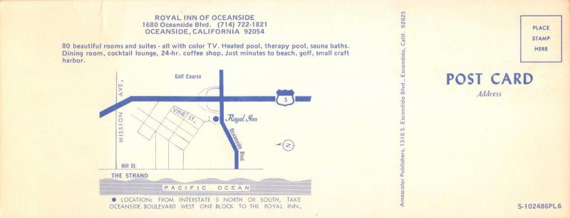 OCEANSIDE CALIFORNIA~ROYAL INN~MID CENTURY MOD~MULTI IMAGE + MAP POSTCARD 1960s