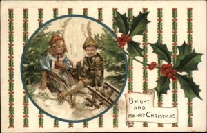 CHRISTMAS Cute Kids Children in Elaborate Clothing HOLLY BORDER c1910 Postcard
