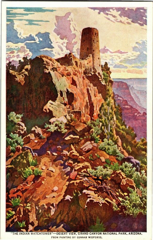 Fred Harvey Indian Watchtower Artist Gunnar Widforss Vintage Postcard J21