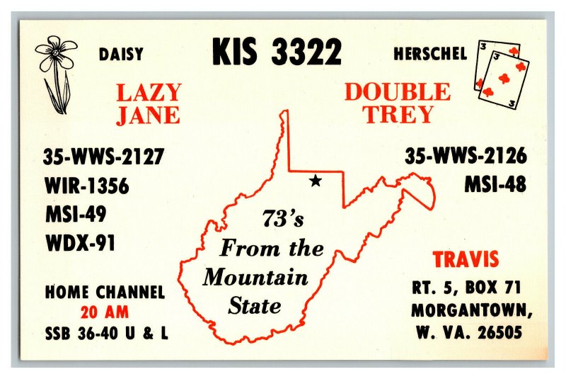 Postcard QSL Radio Card From Morgantown W. VA. West Virginia KIS 3322