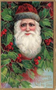 c1910 Santa Claus Portrait Holly  Embossed Germany Christmas P113 