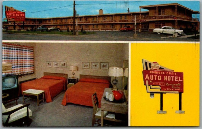 Morton Grove, IL Postcard ADMIRAL OASIS DRIVE-IN HOTEL Room View / TV On c1950s