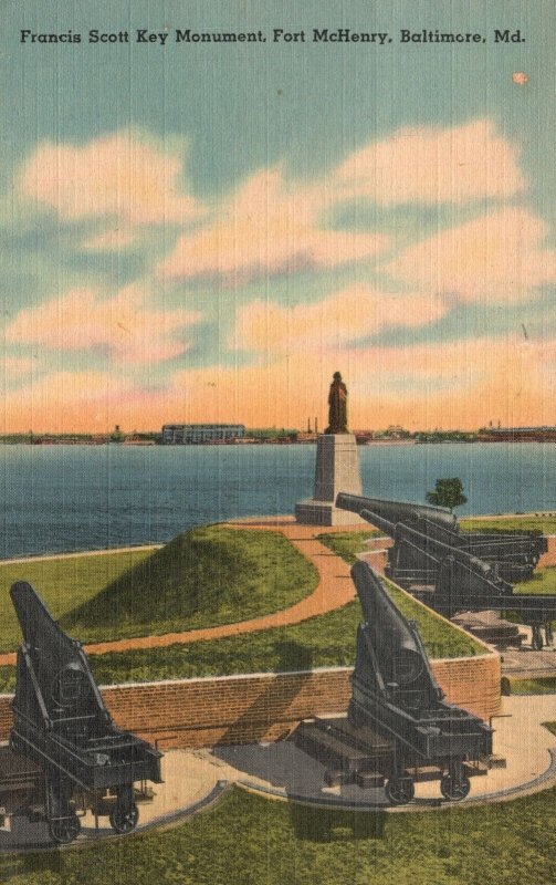 Vintage Postcard 1943 Francis Scott Key Monument Fort McHenry Baltimore Maryland