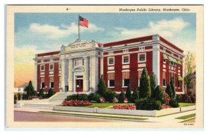 MUSKOGEE, Oklahoma OK ~ MUSKOGEE PUBLIC LIBRARY c1940s Linen  Postcard