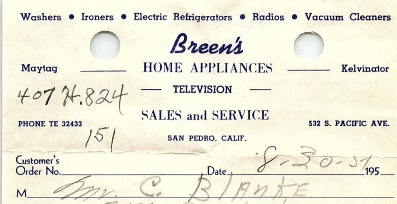 1957 SAN PEDRO CA BREEN'S HOME APPLIANCES TELEVISION MAYTAG BILLHEAD INVOI Z4638