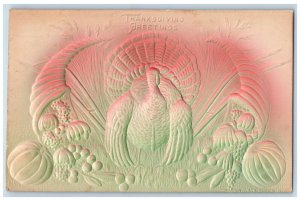 c1910's Thanksgiving Greetings Turkey And Cornucopia Fruits Airbrushed Postcard 