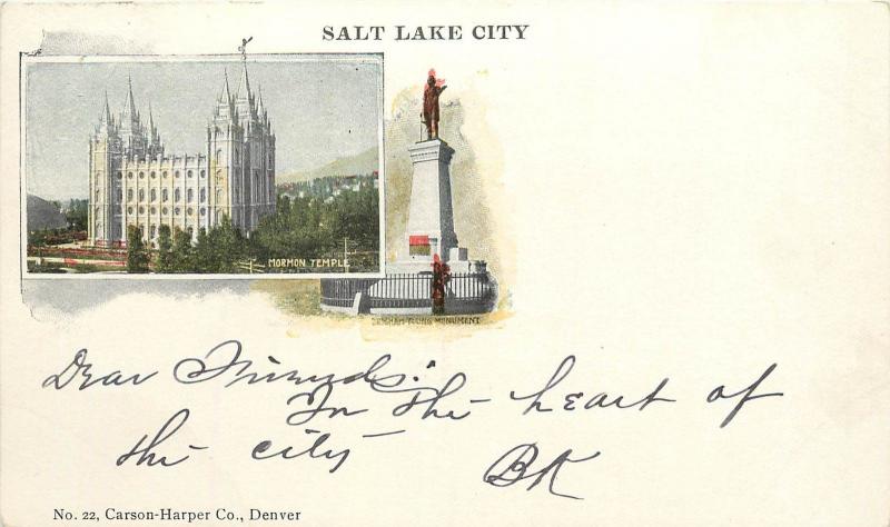 Private mailing card Salt Lake City Mormon temple and UT Brigham Young Monument