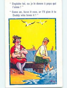 Pre-Linen risque signed TROW COMIC - WOMAN BREAST-FEEDING AT BEACH HL8383