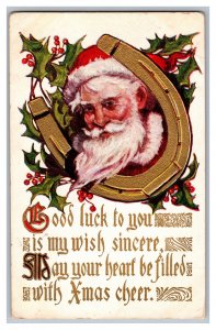 Postcard Santa Claus Christmas Horseshoe Good Luck To You Heart Filled Xmas