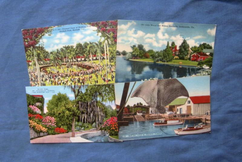 Four Scenic Early-Day Florida Postcards Hialeah Park, Sarasota, St. Petersburg