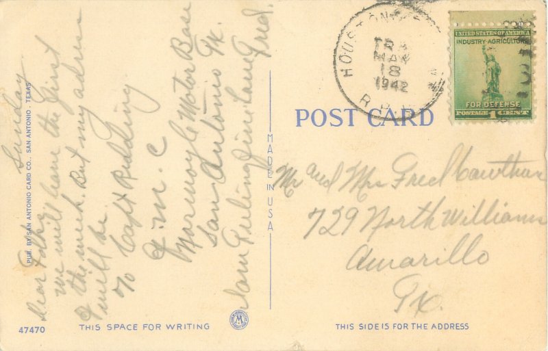 San Antonio Texas River Walk Linen Postcard Postmarked 1942