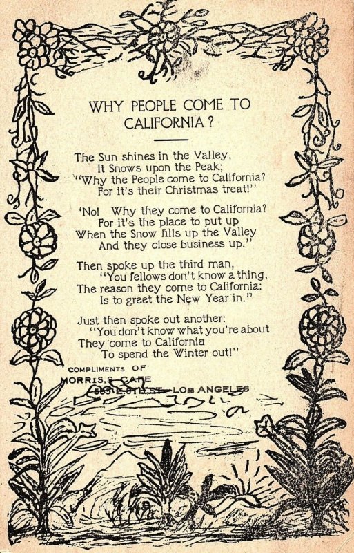 C.1910 Morris's Cafe California Poem Lymeric Los Angeles Vintage Postcard P137