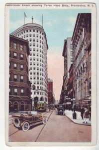 P1148 old postcard scene old cars trollies etc providence  R.I. turks head bldg