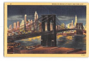 New York City NY Creased Postcard 1949 Brooklyn Bridge at Night