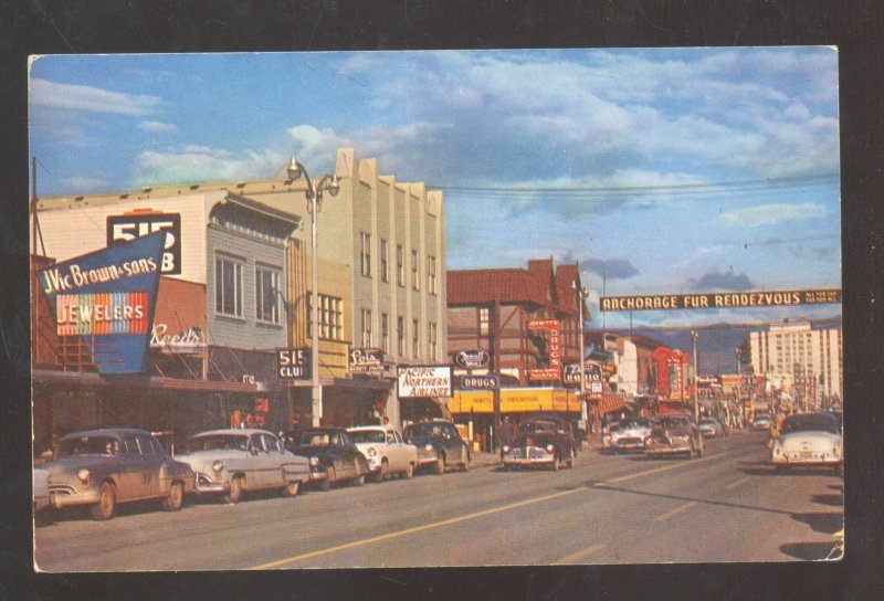 ANCHORAGE ALASKA DOWNTOWN FOURTH AVE. STREET SCENE OLD CARS POSTCARD